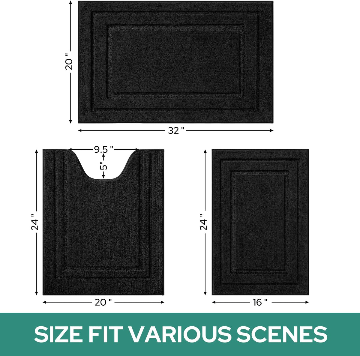 HOMEIDEAS Black Bathroom Rugs Set of 3, Non Slip Bath Mats