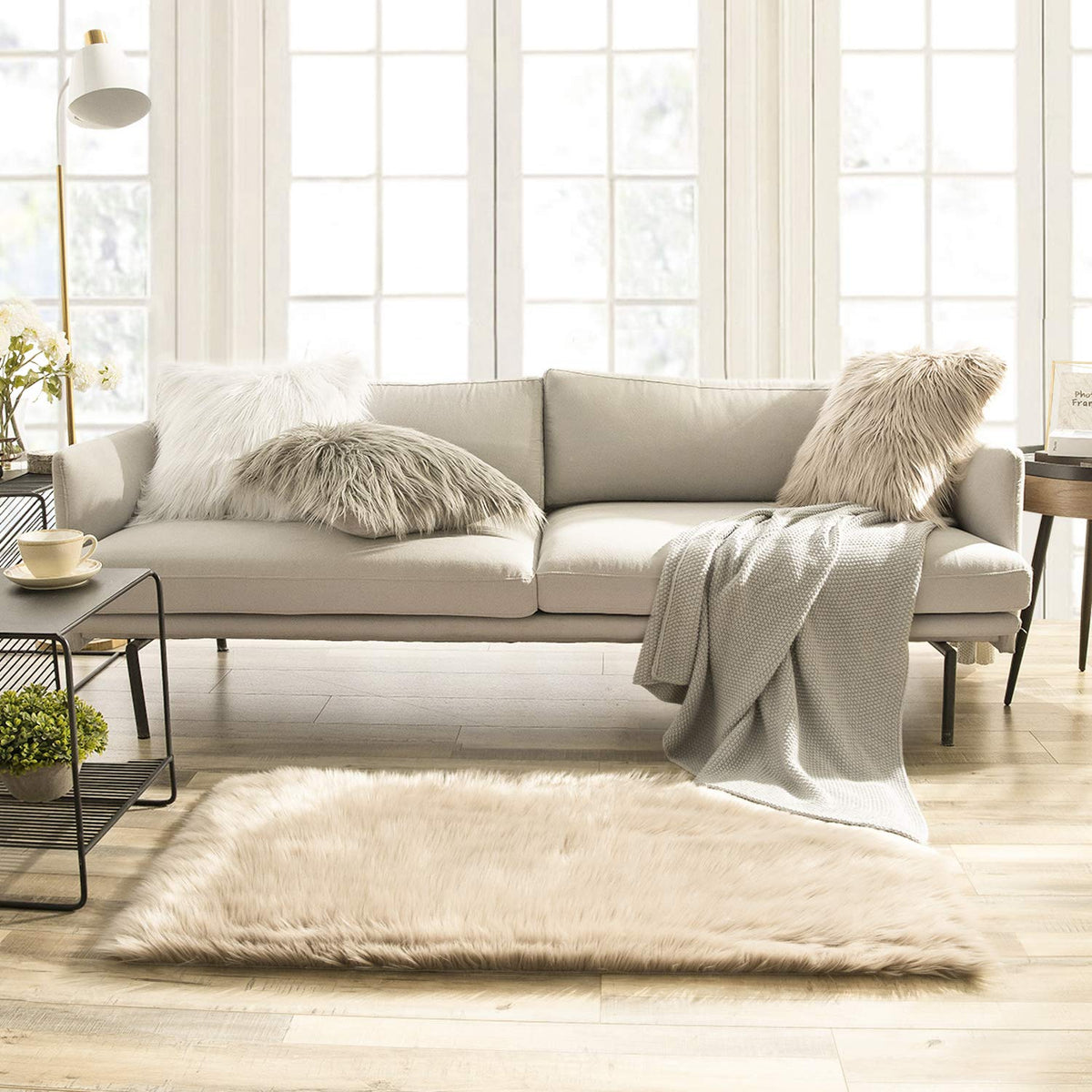 Ashler Faux Fur Rug, White, 2x3 Ft, Machine Washable
