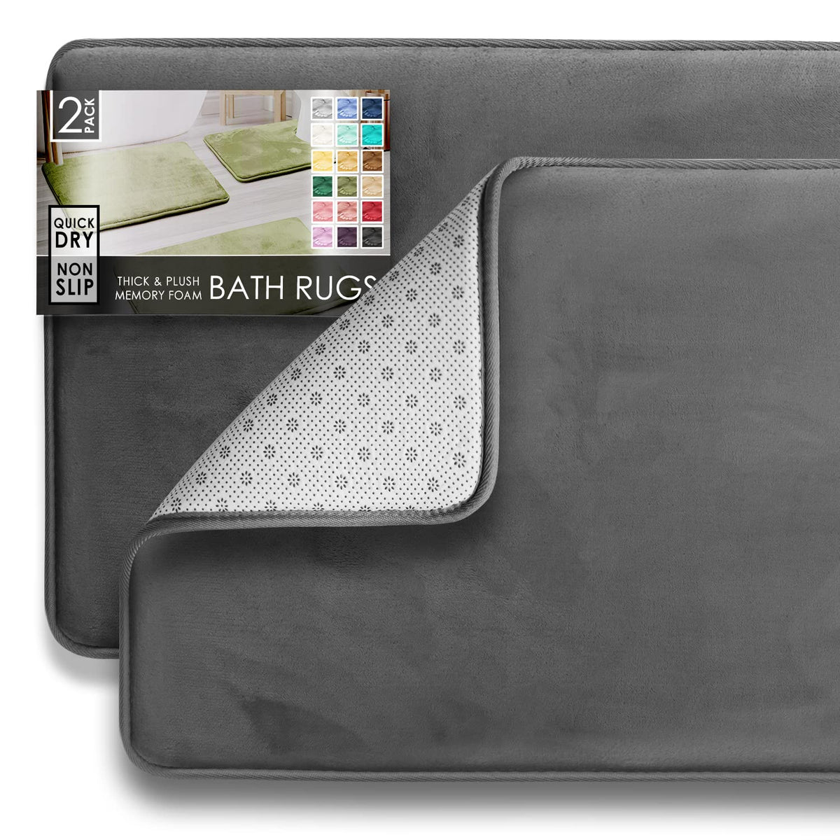 Clara Clark 3 Piece Bathroom Rugs Bath Mat Set, Velvet Memory Foam Bath Mats for Bathroom - Non-Slip, PVC Backing Bath Rugs, Washable - Dries Quickly, Grey