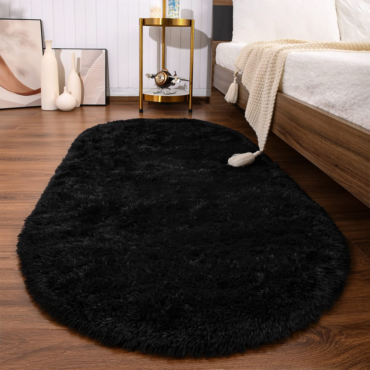 Softlife Fluffy Rugs for Bedroom, Shag Cute Area Rug for Girls/Boys and Kids Baby Room Home Decor, 2.6 x 5.3 Feet Oval Indoor Carpet for Nursery Dorm Living Room, Creamy