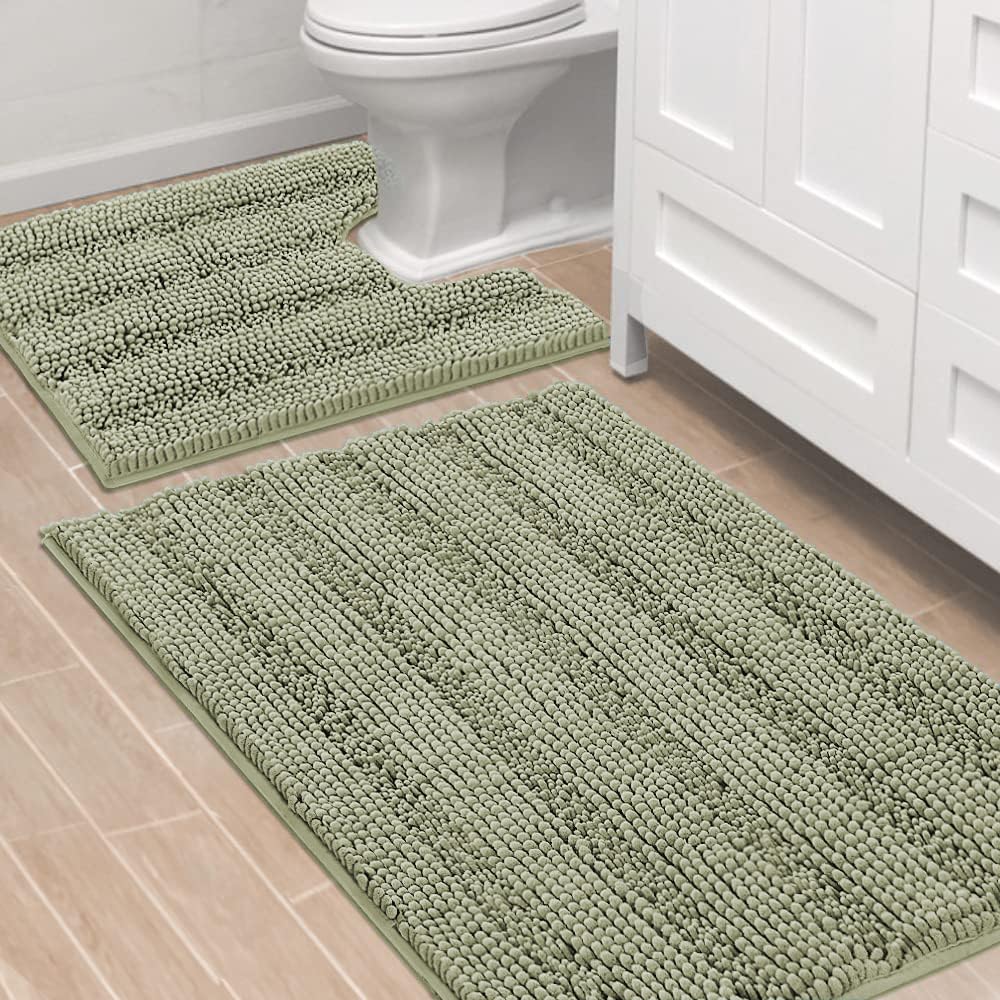 H.VERSAILTEX Bathroom Rugs Bath Rug Set 2 Piece Bathroom Contour Rug Toilet Mat Sets Non Slip Contour Bath Rug Ultra Thick Water Absorbent Striped Bath Mats Washable(47" x 17" Plus 20" x 20" U, Cream)
