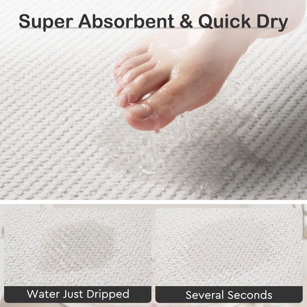 MontVoo Bath Mat,Chenille Absorbent Bathroom Mat Quick Dry Rubber Backed Bathroom Rugs Non Slip Washable Bath Mats,Ultra Thin Bathroom Rugs Fit Under Door,17"x24",White