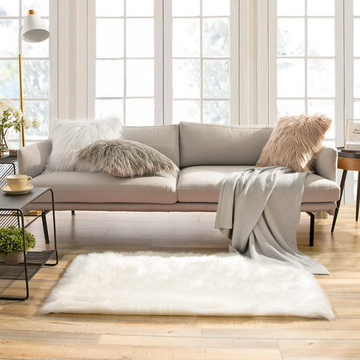 Ashler Faux Fur Rug, White, 2x3 Ft, Machine Washable