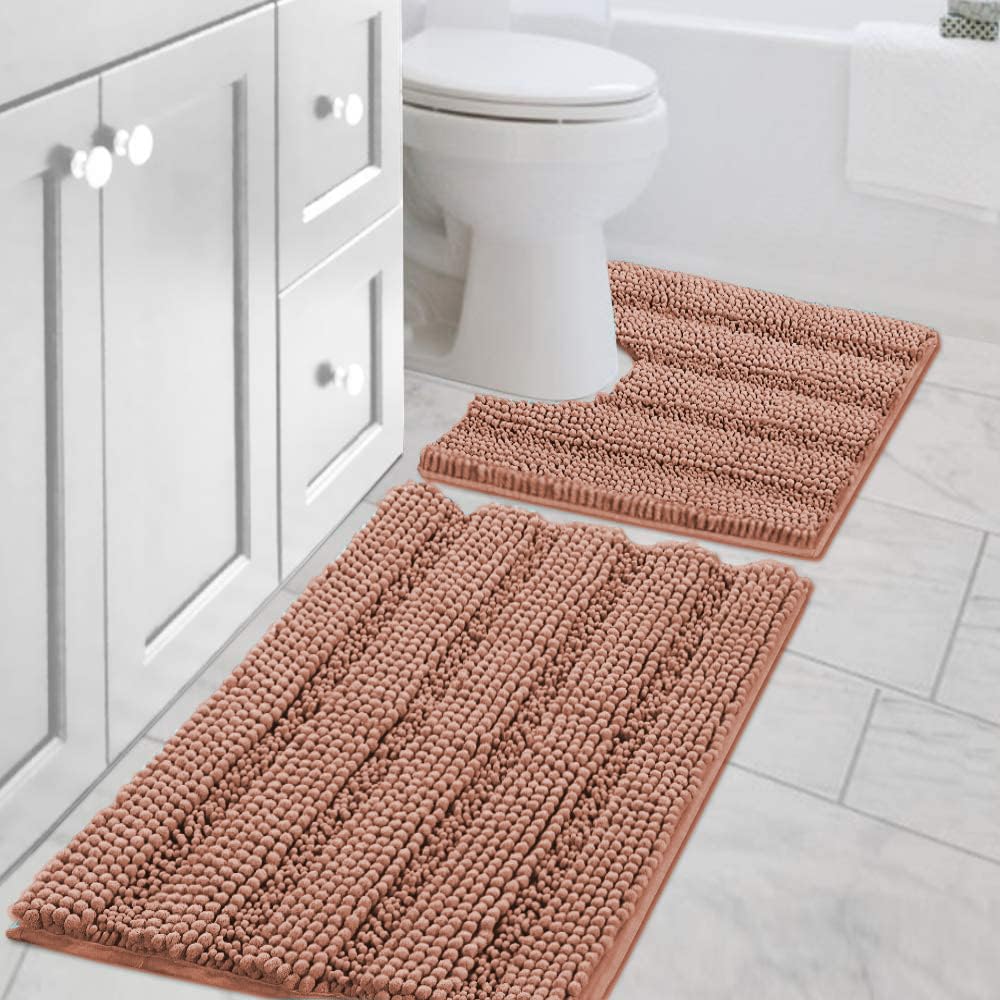 H.VERSAILTEX Bathroom Rugs Bath Rug Set 2 Piece Bathroom Contour Rug Toilet Mat Sets Non Slip Contour Bath Rug Ultra Thick Water Absorbent Striped Bath Mats Washable(47" x 17" Plus 20" x 20" U, Cream)