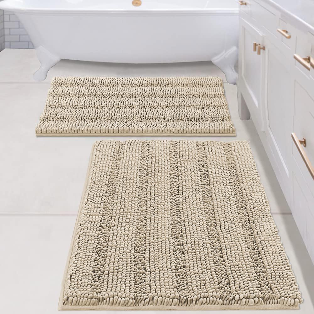 H.VERSAILTEX Bathroom Rugs Bath Rug Set 2 Piece Bathroom Contour Rug Toilet Mat Sets Non Slip Contour Bath Rug Ultra Thick Water Absorbent Striped Bath Mats Washable(47" x 17" Plus 20" x 20" U, Cream)