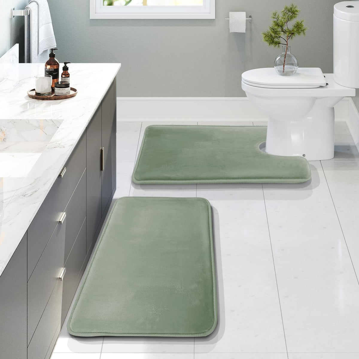 Clara Clark 3 Piece Bathroom Rugs Bath Mat Set, Velvet Memory Foam Bath Mats for Bathroom - Non-Slip, PVC Backing Bath Rugs, Washable - Dries Quickly, Grey