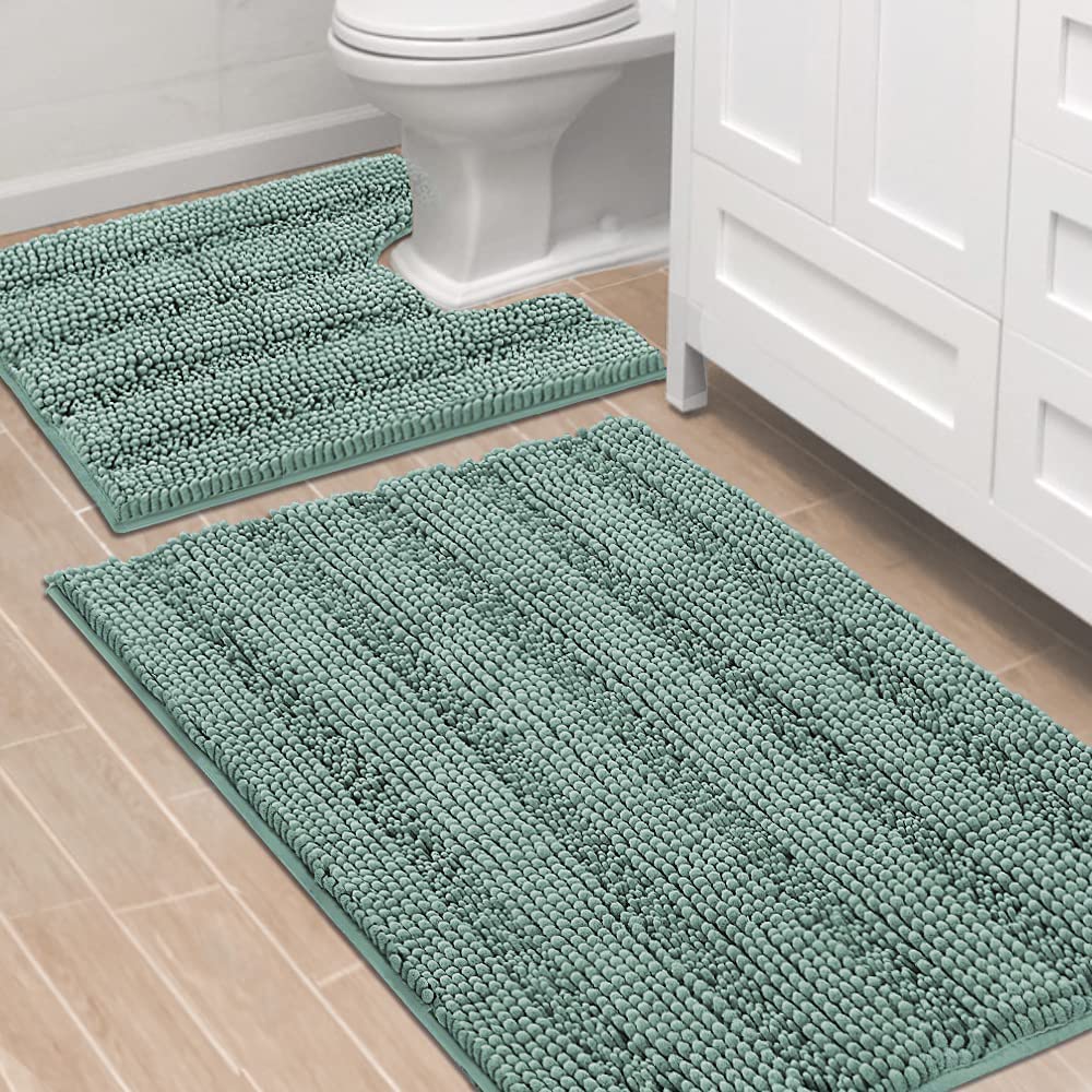 H.VERSAILTEX Bathroom Rugs Bath Rug Set 2 Piece Bathroom Contour Rug Toilet Mat Sets Non Slip Contour Bath Rug Ultra Thick Water Absorbent Striped Bath Mats Washable(47" x 17" Plus 20" x 20" U, Cream)