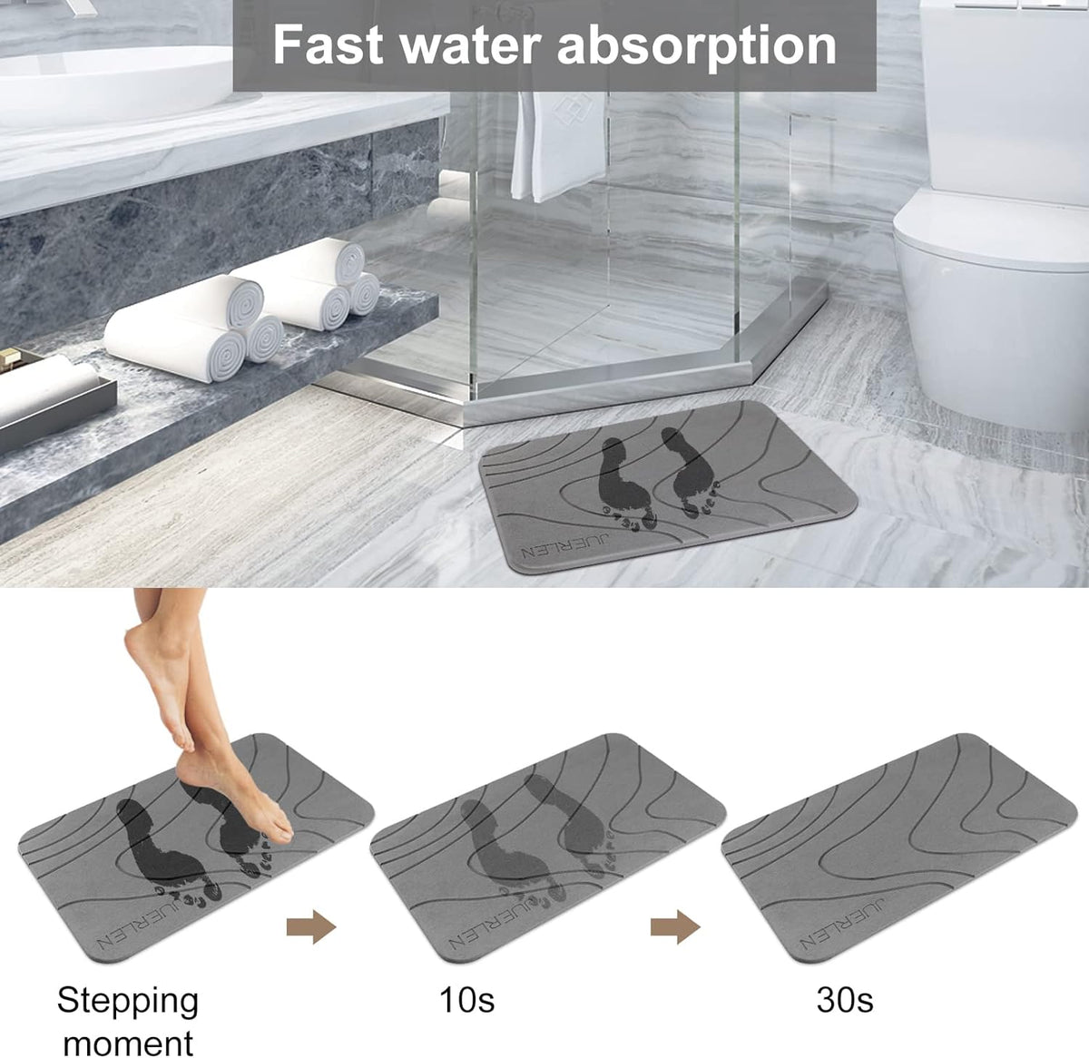 JUERLEN 2 Pack Diatomaceous Earth Shower Mat, Stone Bath Mat, Nonslip Super Absorbent Fast-Drying Hard Bath Mat for Bathroom Shower Floor, 24 x 16 inch, Grey Wave Design