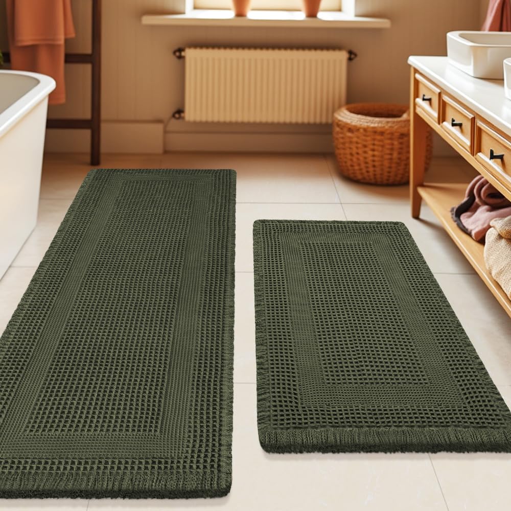 Upgrade Waffle Bath Mat Set 2 Piece, Boho Bathroom Rugs Absorbent Non Slip, Ultra Soft Bathroom Mat, Machine Washable Knit Bath Rugs with Herringbones for Bathroom, Bedroom, Kitchen, Shower, White