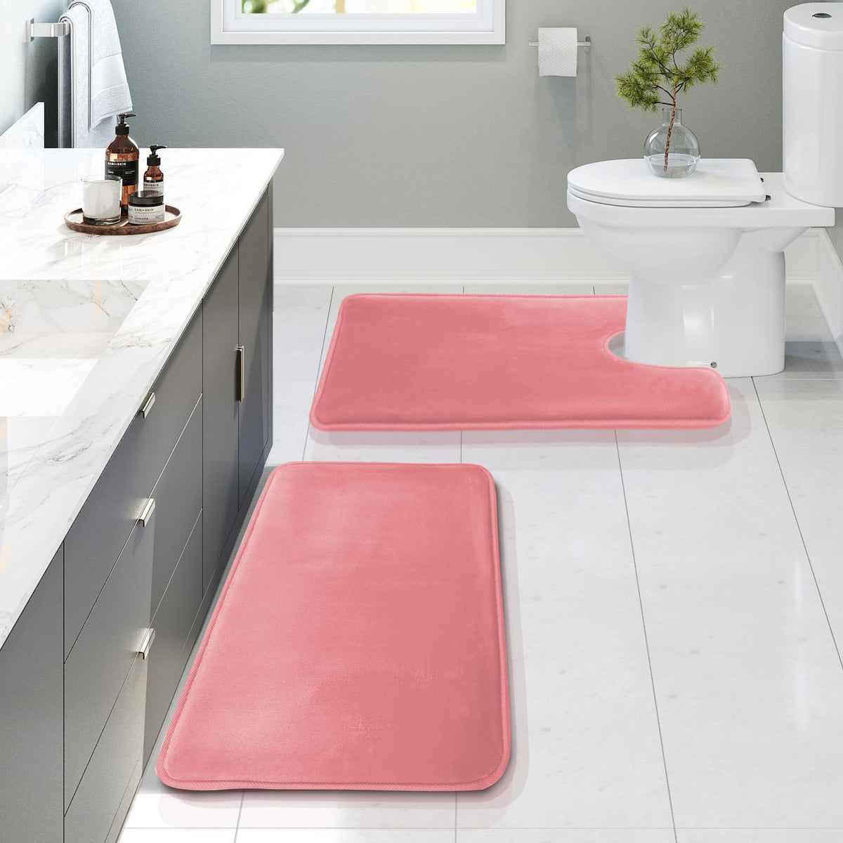 Clara Clark 3 Piece Bathroom Rugs Bath Mat Set, Velvet Memory Foam Bath Mats for Bathroom - Non-Slip, PVC Backing Bath Rugs, Washable - Dries Quickly, Grey