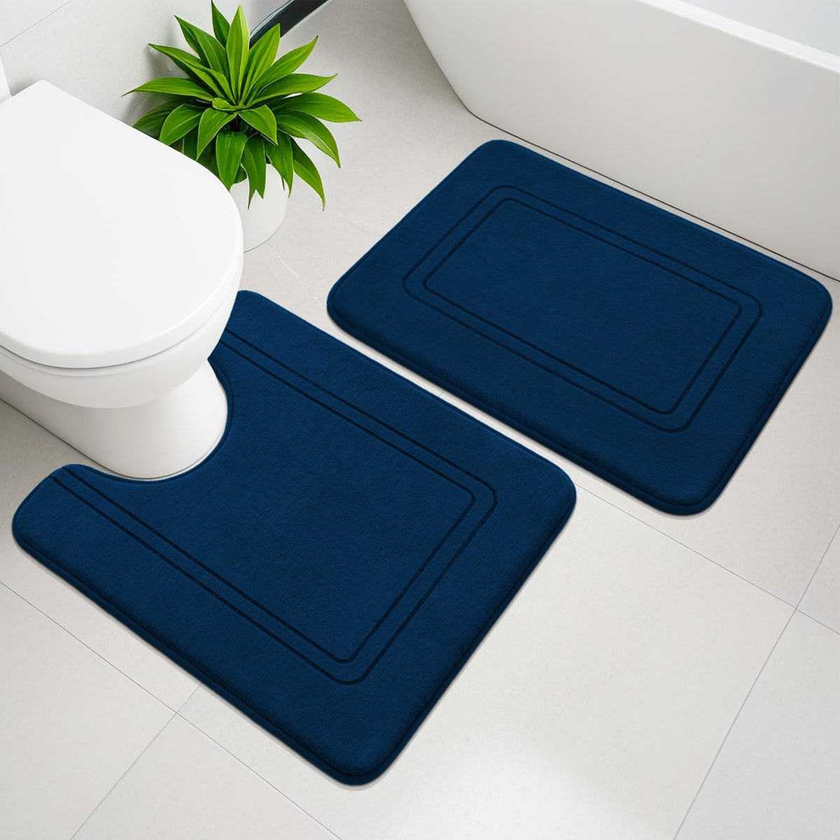 YIHOUSE Memory Foam Bath Mat Set, Non Slip Bath Mats, Super Soft and Water Absorbent, Machine Washable U Shape Toilet Mats, Dark Blue