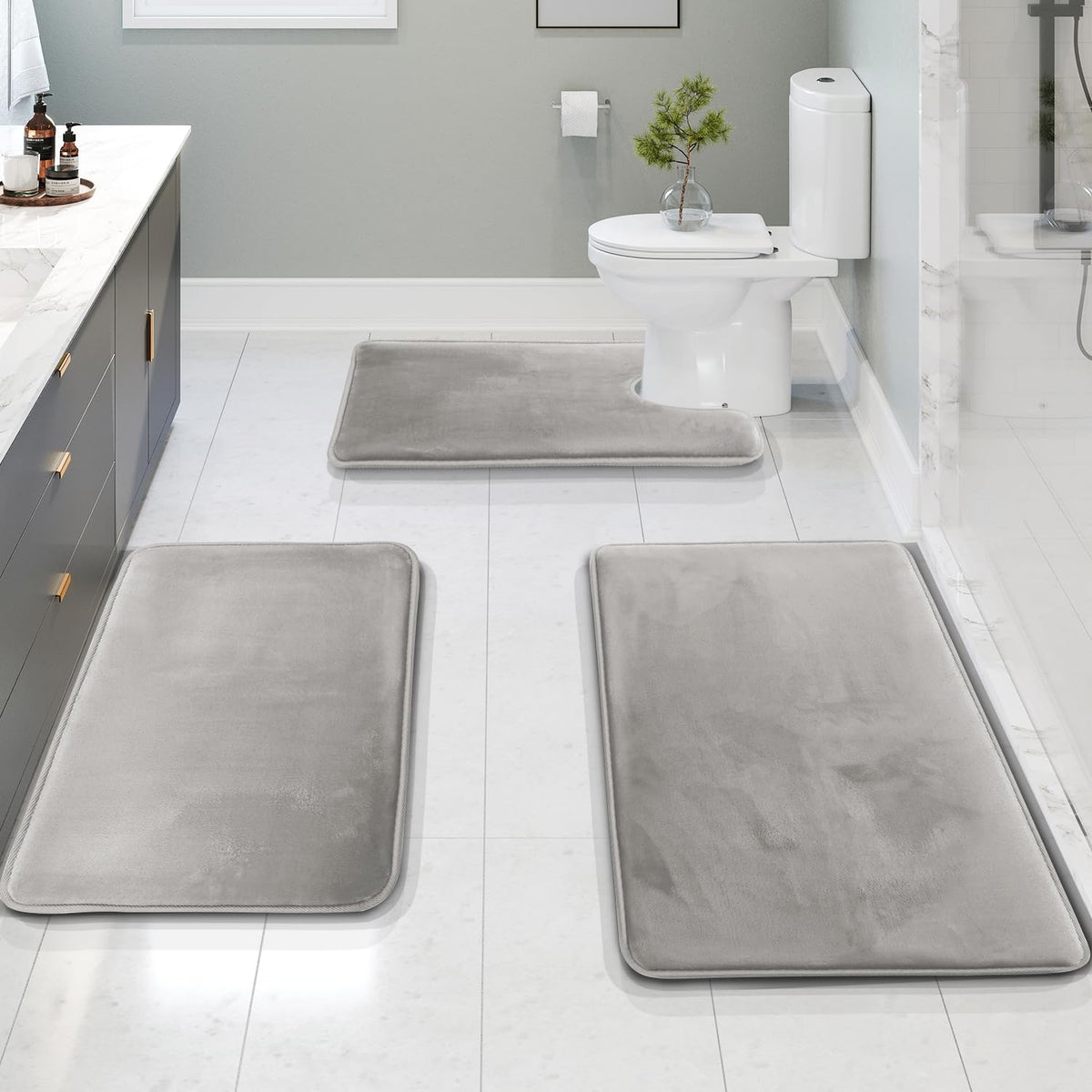 Clara Clark 3 Piece Bathroom Rugs Bath Mat Set, Velvet Memory Foam Bath Mats for Bathroom - Non-Slip, PVC Backing Bath Rugs, Washable - Dries Quickly, Grey