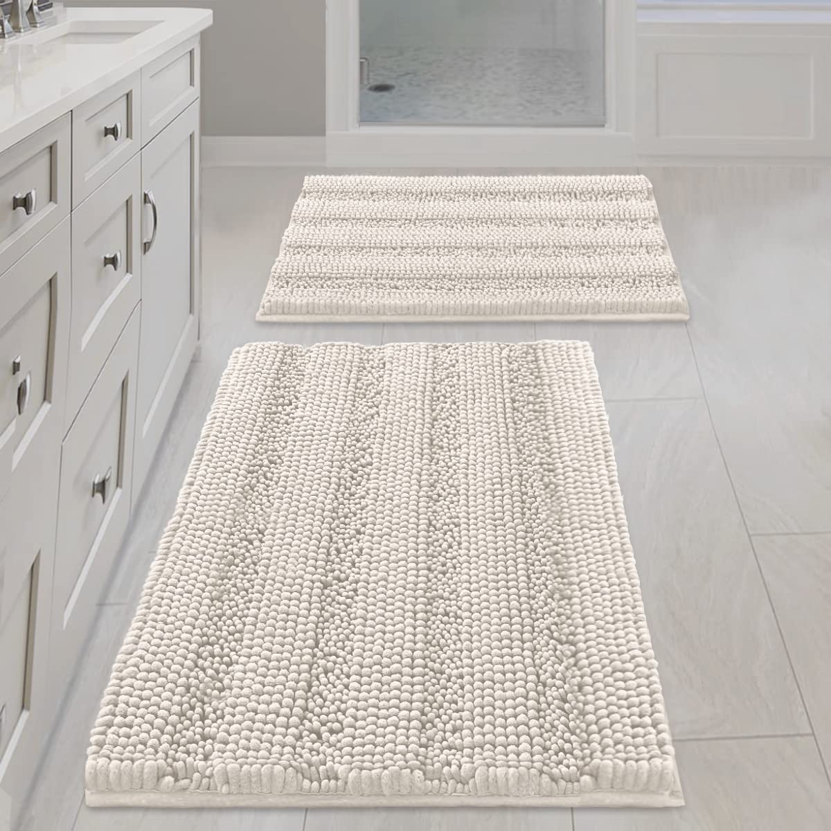 H.VERSAILTEX Bathroom Rugs Bath Rug Set 2 Piece Bathroom Contour Rug Toilet Mat Sets Non Slip Contour Bath Rug Ultra Thick Water Absorbent Striped Bath Mats Washable(47" x 17" Plus 20" x 20" U, Cream)