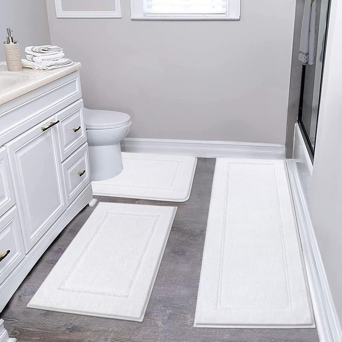 Pauwer Bathroom Rugs 3 Piece Set, Non Slip Washable Bath Mat, Dark Grey