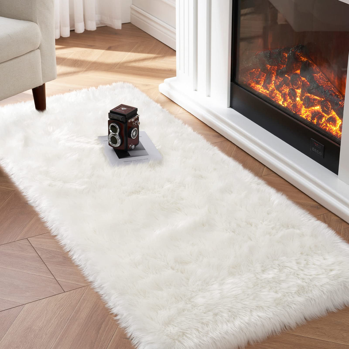 Tangsoo 2x6 Beige Faux Fur Rug,Soft Sheepskin Fluffy Runner Rug for Bedroom
