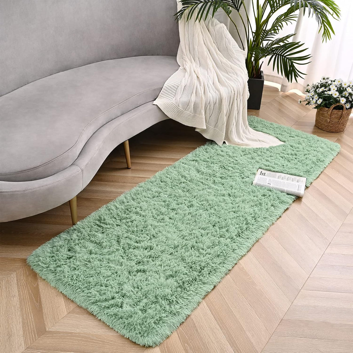 Sage Green Runner Area Rugs for Bedroom Living Room, 2x6 Feet Fluffy Bedside Rugs, Soft Shaggy Carpet Rug for Kids Room Nursery, Furry Rugs for Girls Boys Dorm Room Home Decor