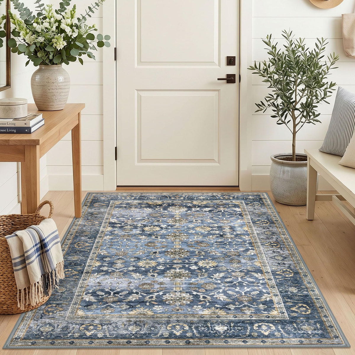 KUTA Vintage Floral Washable 2x3 Rugs for Entryway Blue Grey Beige