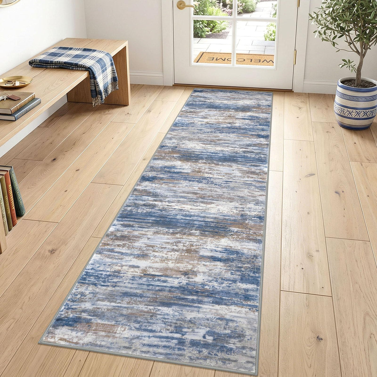 KOZYFLY Abstract Entryway Rug 2x3 Washable Door Mat Indoor Blue Beige