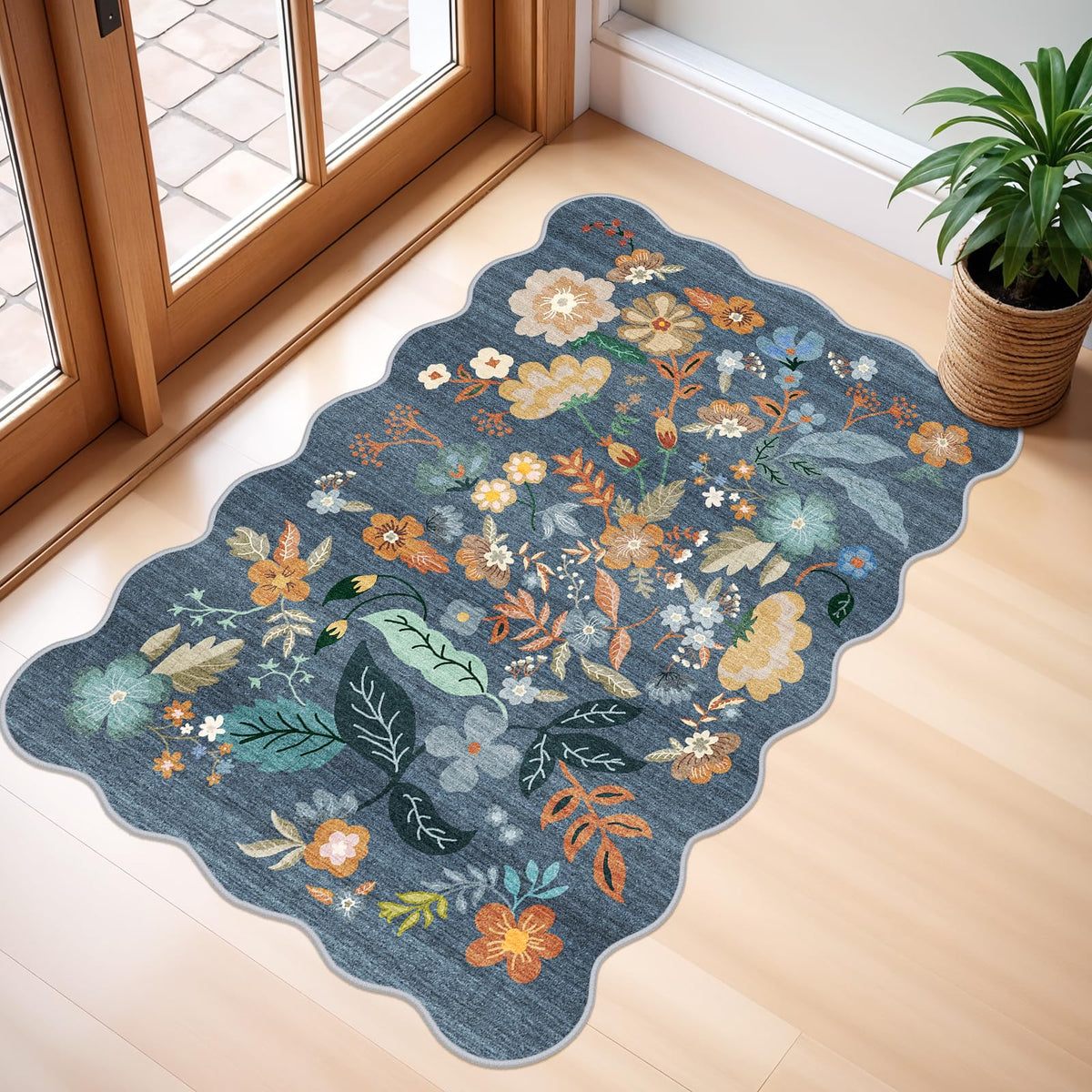 2x4 Rug Washable for Entryway - Non-Slip Scalloped Floral Throw Rug Black