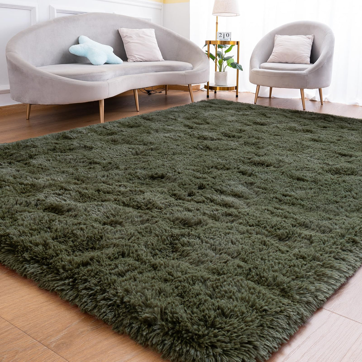 Goideal Fluffy Runner Rug for Bedroom Living Room, 2x6 Olive Green Bedside Rugs, Faux Fur Shag Modern Carpet Ultra Soft Girls Boys Room Home Decor, Solid