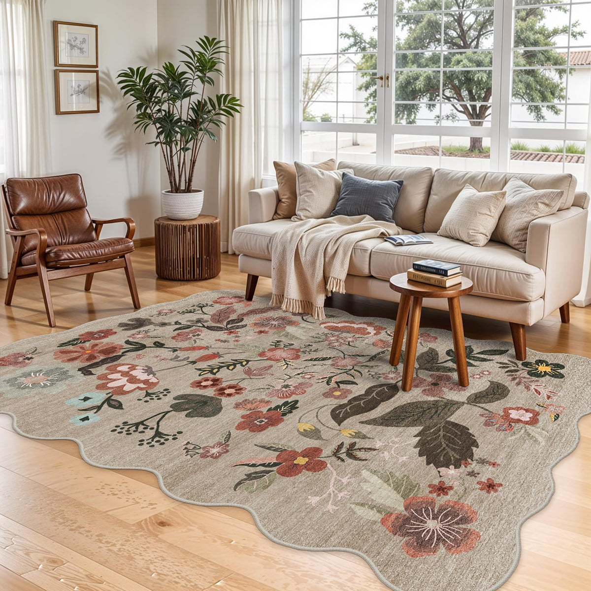 2x4 Rug Washable for Entryway - Non-Slip Scalloped Floral Throw Rug Black