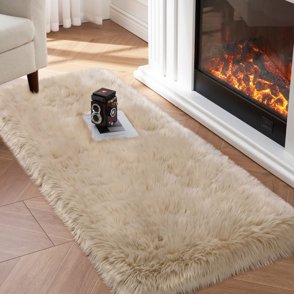 Tangsoo 2x6 Beige Faux Fur Rug,Soft Sheepskin Fluffy Runner Rug for Bedroom