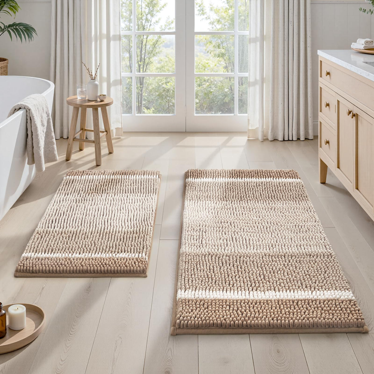 HOMEIDEAS Sage Green Bathroom Rugs Sets 2 Piece Chenille, 20"x32"+17"x24"