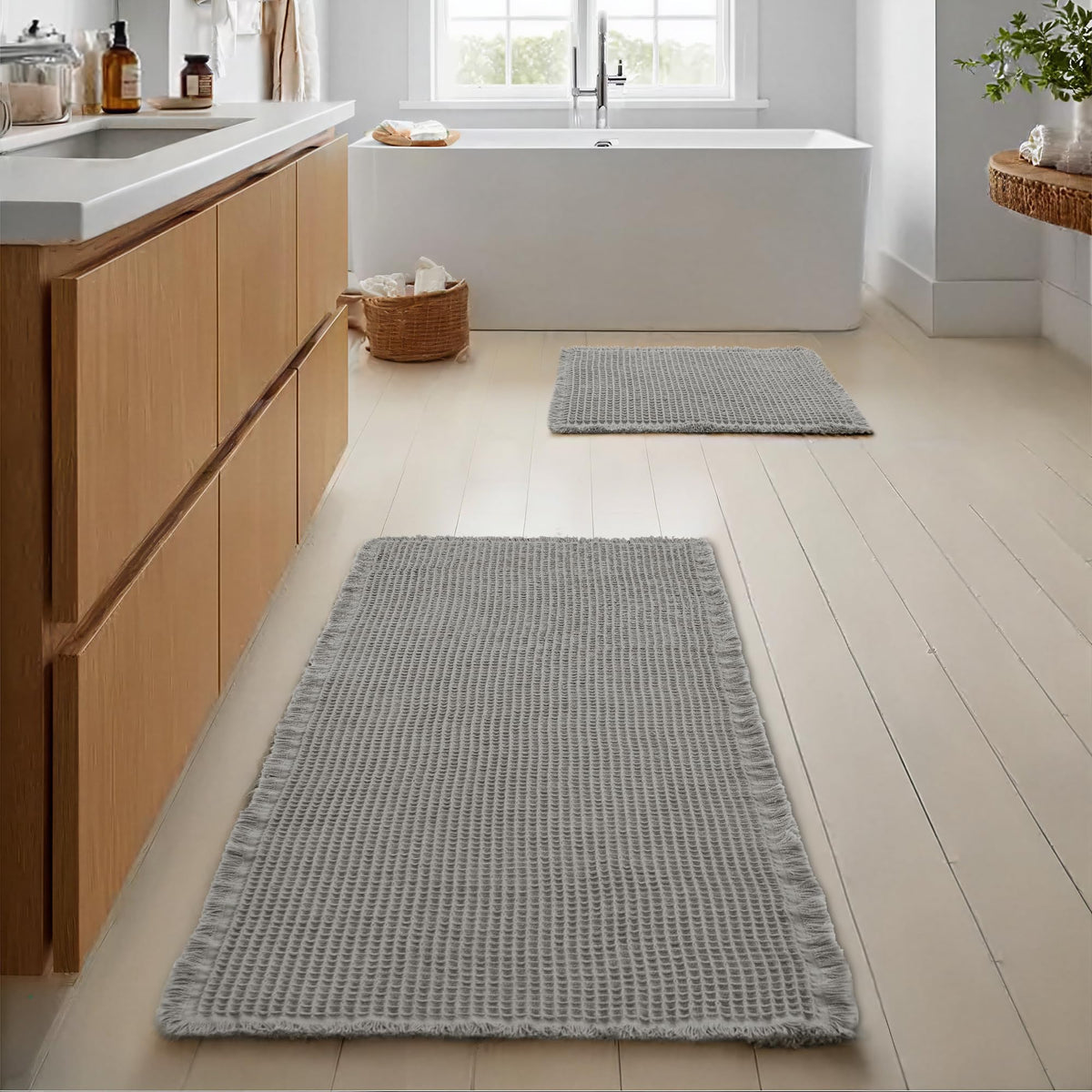 JIUZHEN Set of 2 Waffle Bath Mats Boho Bath Rugs 16"x24"+20"x32", Brown