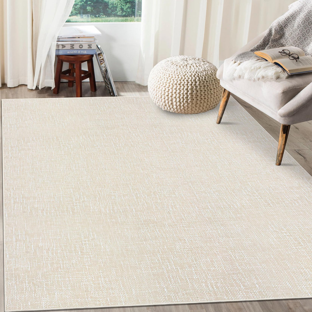 RUGSREAL Small Area Rug 2x3 Entryway Mat with Rubber Backing Stain Resistant Throw Carpet Modern Solid Color Bath Mat Contempowary Washable Rug for Living Room Bedroom Dining Room Kitchen, Beige 2x3