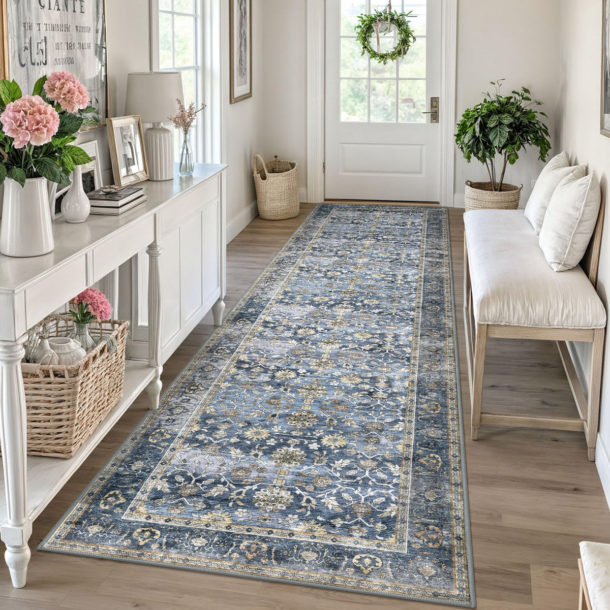 KUTA Vintage Floral Washable 2x3 Rugs for Entryway Blue Grey Beige