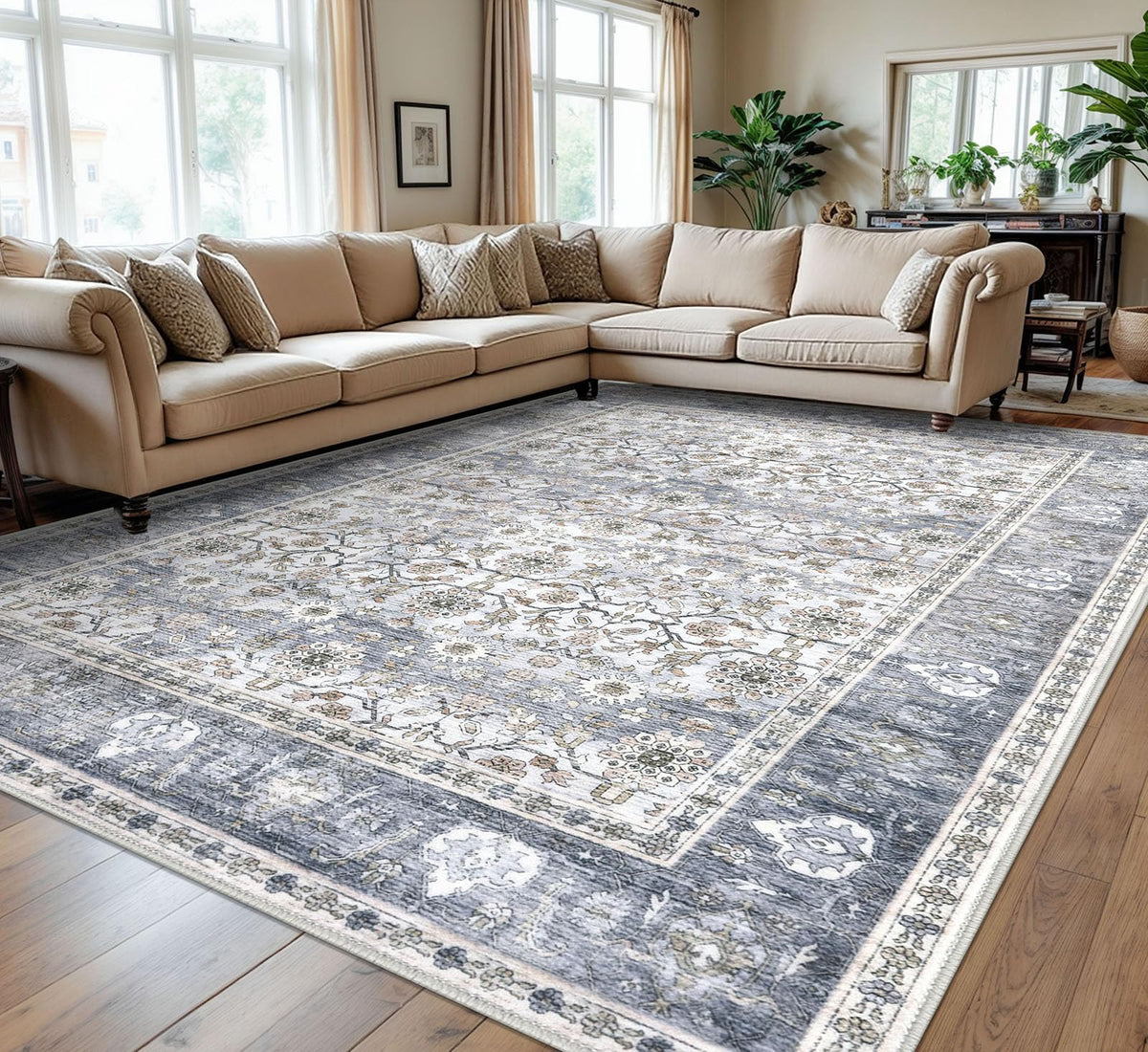 KUTA Vintage Floral Washable 2x3 Rugs for Entryway Blue Grey Beige