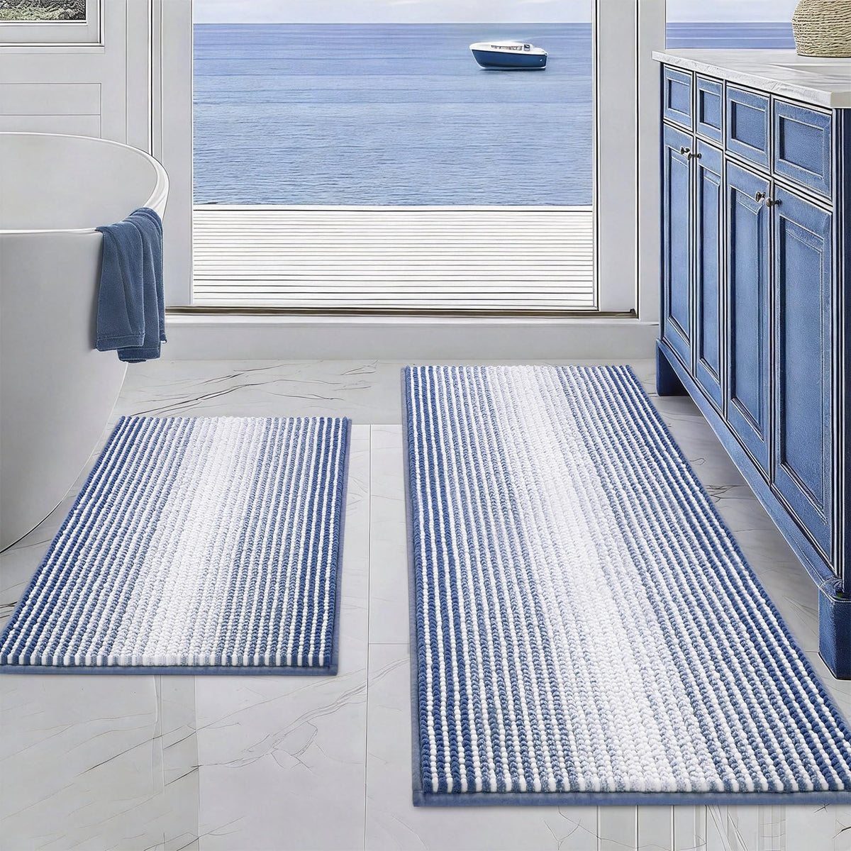 BSICPRO Bathroom Rugs Sets 2 Piece, Non Slip Striped Bath Mats, Sage