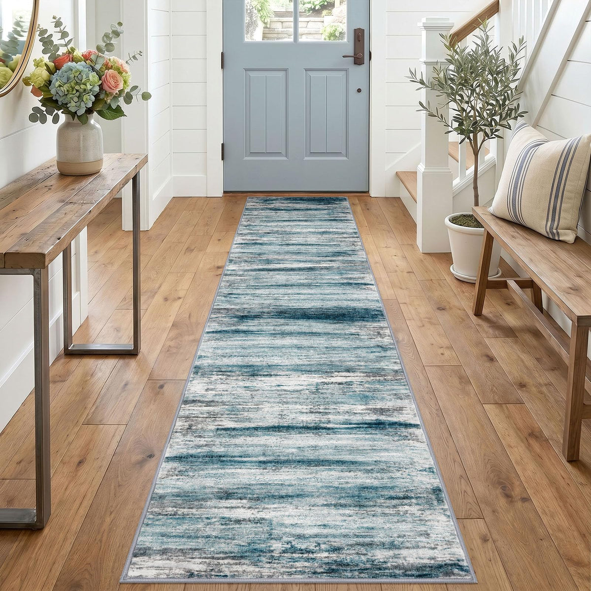 KOZYFLY Abstract Entryway Rug 2x3 Washable Door Mat Indoor Blue Beige