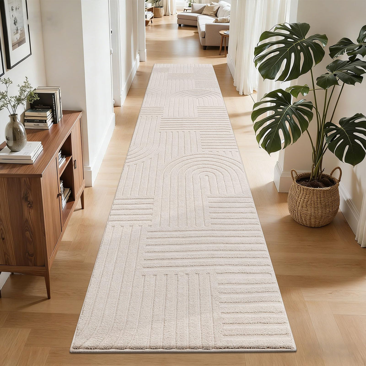 SHACOS Soft Fluffy Arch Pattern Area Rug 2'7"x5' Non Slip Washable Minimalist Modern High-Low Geometric Carpet for Living Room Kitchen Bedroom Bathroom, Beige