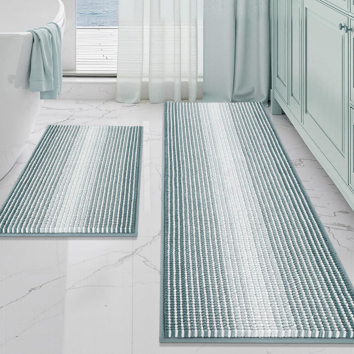 BSICPRO Bathroom Rugs Sets 2 Piece, Non Slip Striped Bath Mats, Sage