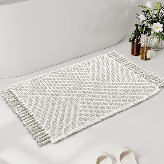 H.VERSAILTEX Waffle Bath Mat Super Absorbent Boho Bath Mat Non Slip Bath Rugs for Bathroom Floor Machine Washable Dry Fast Bathroom Rugs with Tassels, 24" x 36", Ivory White