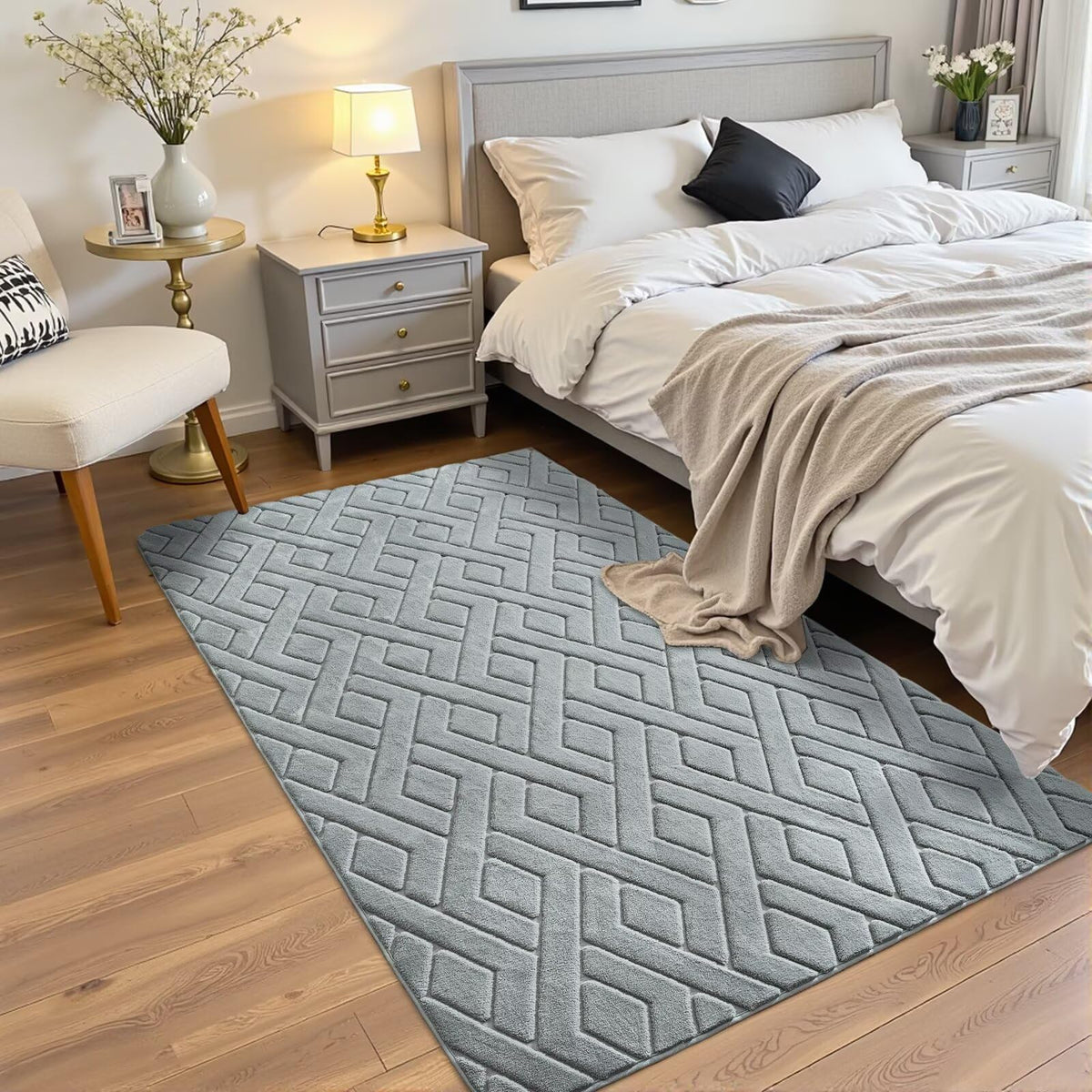 Grey Fluffy Area Rug for Bedroom, 3x5 Geometric Shag Rugs