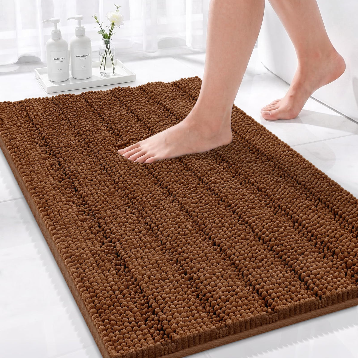 Bcoimo Small Bath Rug Mat,24x17 Chenille Non Slip Gray Bathroom Shower Mat