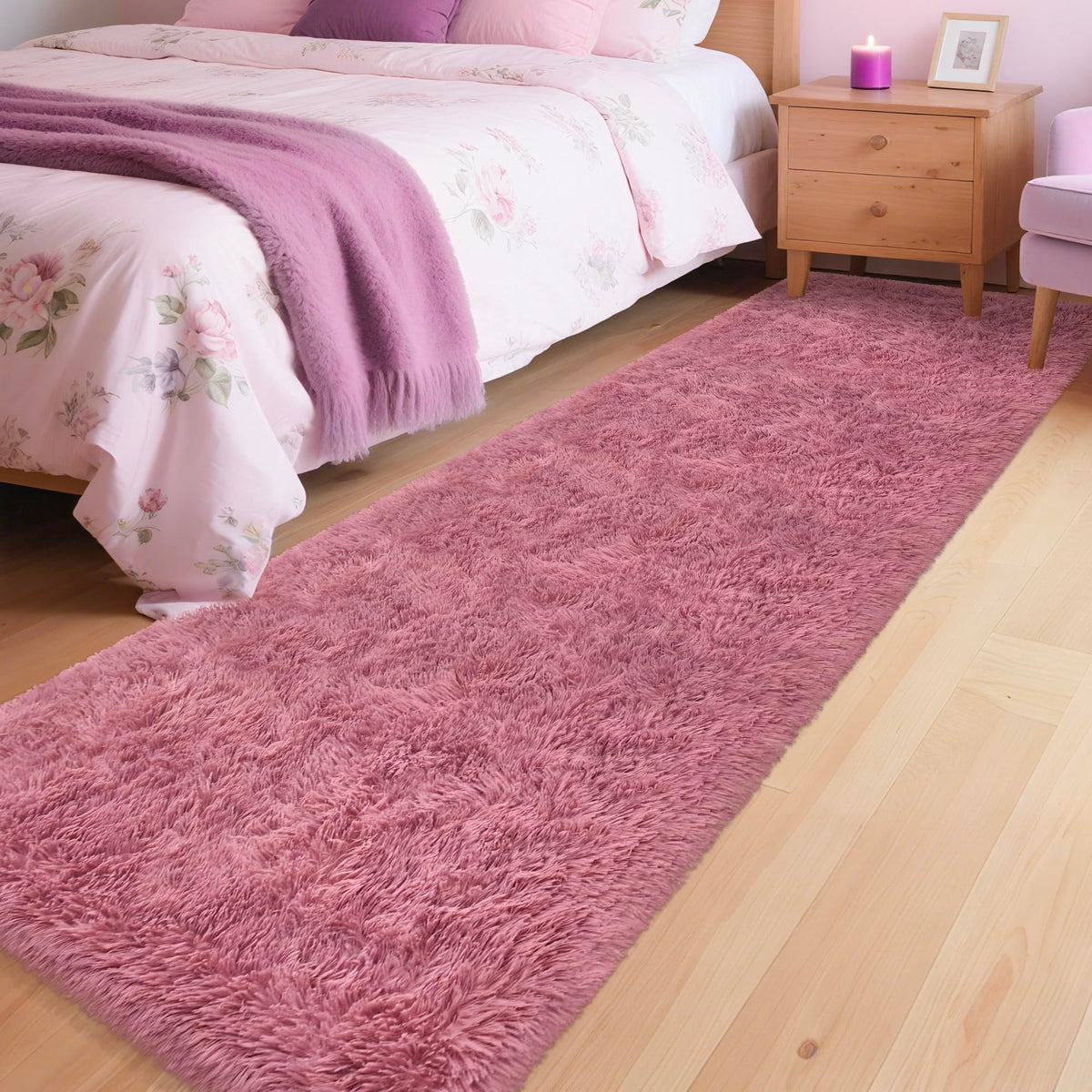 Soft Fluffy Beige Runner Rug for Bedroom, Bedside Long Rug Runner