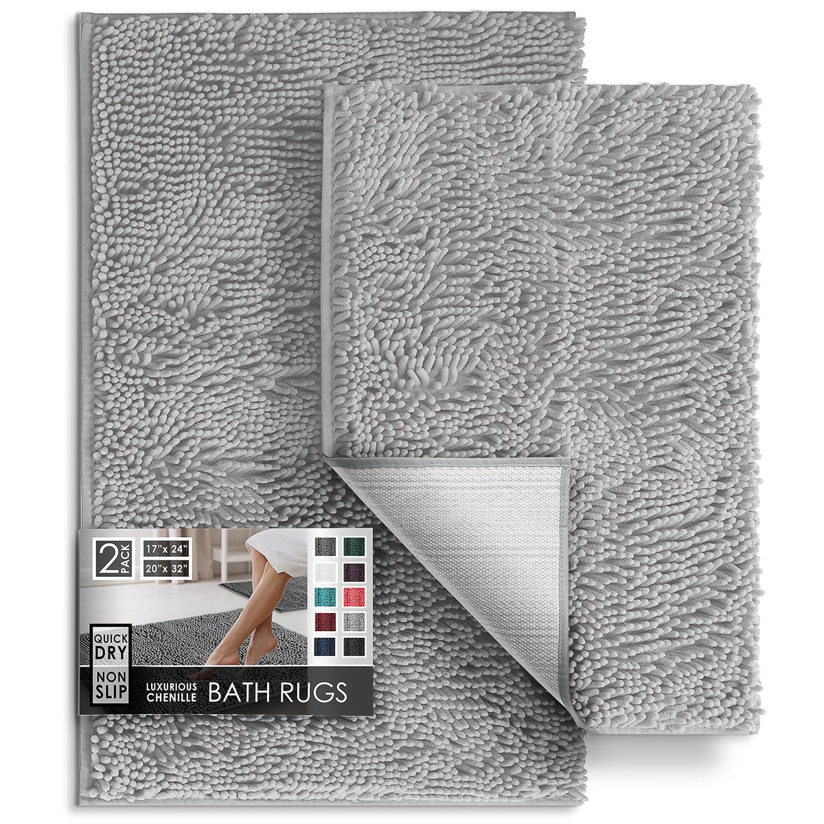 Hearth & Harbor Bathroom Rugs, Chenille Bath Mat - Machine Washable Bath Mats for Bathroom Non-Slip Backing Rubber, Quick Dry Bathroom Mat, 17 x 24 + 20 x 32 - Hunter Green