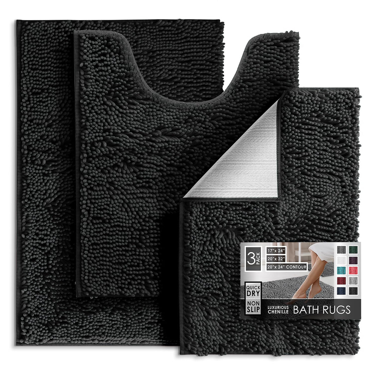 Hearth & Harbor Bathroom Rugs, Chenille Bath Mat - Machine Washable Bath Mats for Bathroom Non-Slip Backing Rubber, Quick Dry Bathroom Mat, 17 x 24 + 20 x 32 - Hunter Green