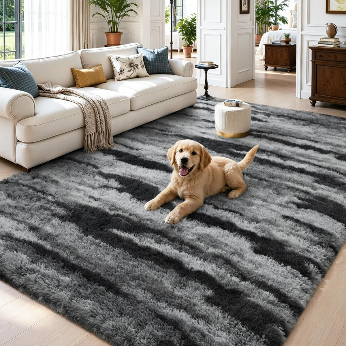 Zentavio 2x6 Runner Rugs for Hallway Shag Soft Bedroom Bedside Rugs Non Slip Fluffy Carpet for Kids Girls Boys Home Decor Aesthetic Dorm Nursery Tie-Dyed Black Grey