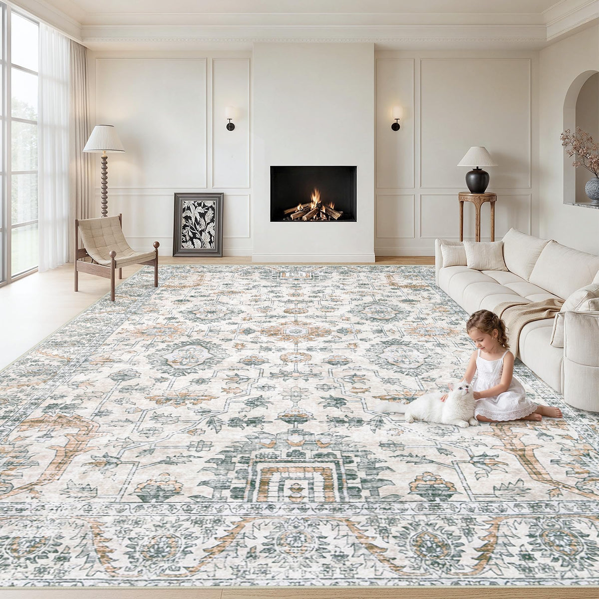 XLUEZ Area Rug 8x10 Living Room Rug, Machine Washable Vintage Distressed Medallion Rug Non-Slip Soft Low Pile Large Indoor Rugs for Bedroom Dining Room Office Children's Room (Beige,8'x10')