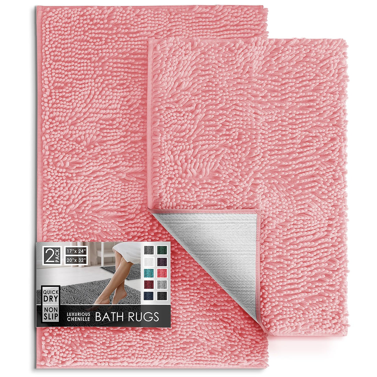 Hearth & Harbor Bathroom Rugs, Chenille Bath Mat - Machine Washable Bath Mats for Bathroom Non-Slip Backing Rubber, Quick Dry Bathroom Mat, 17 x 24 + 20 x 32 - Hunter Green