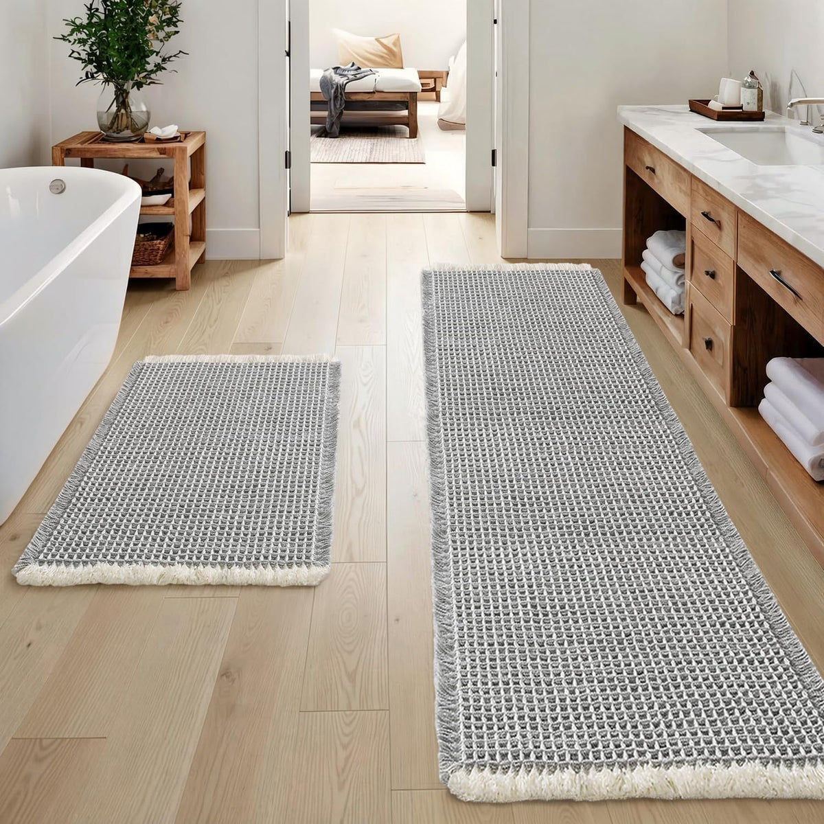 MIULEE Set of 2 Waffle Bathroom Rugs Boho Bath Mat Brown 18x30 Inch
