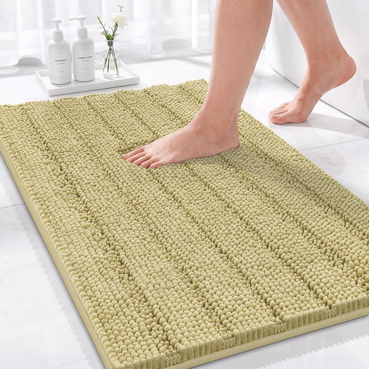 Bcoimo Small Bath Rug Mat,24x17 Chenille Non Slip Gray Bathroom Shower Mat