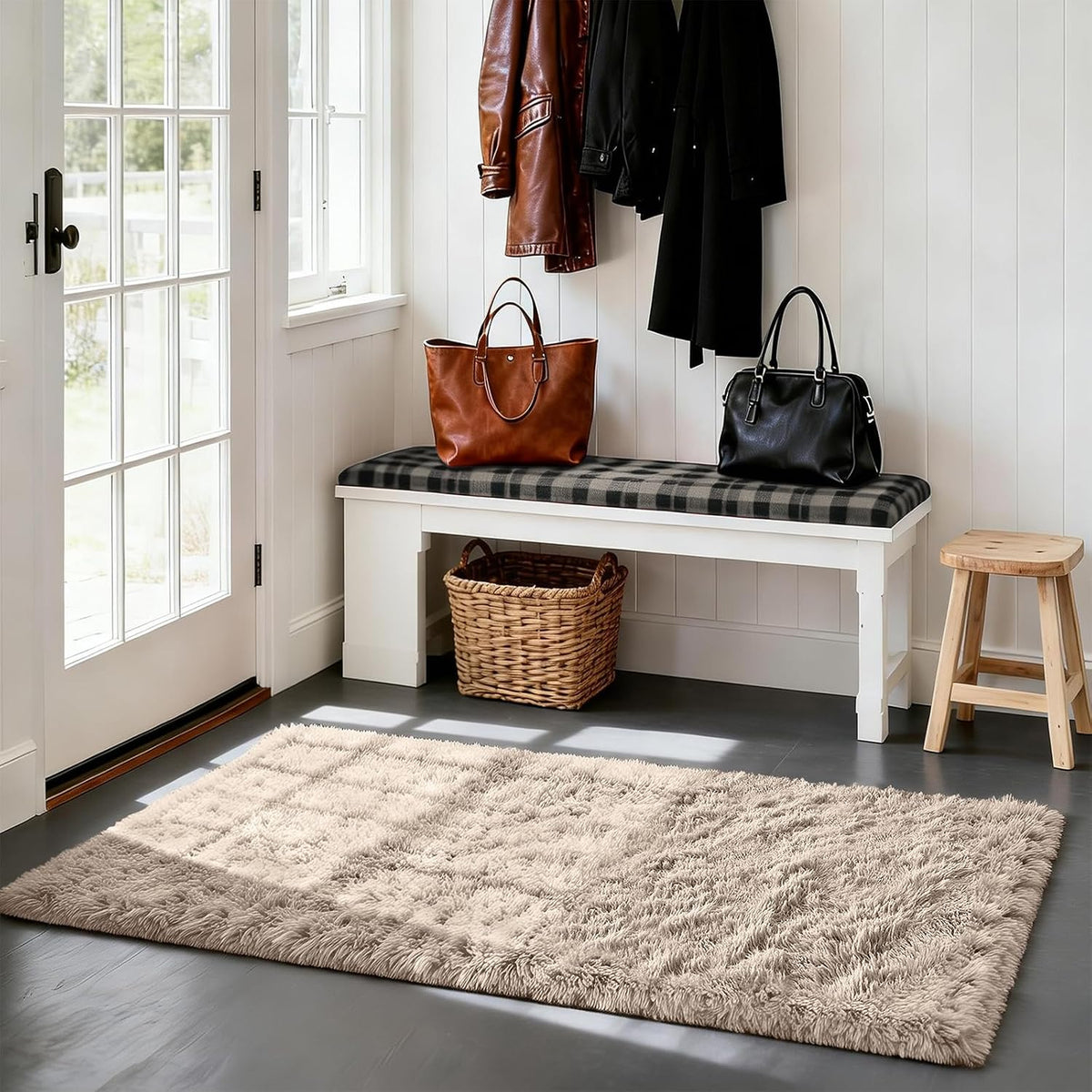 Beige 2x4 Area Rugs for Bedroom, Fluffy Shag Rug Small Rug Bedside Carpet