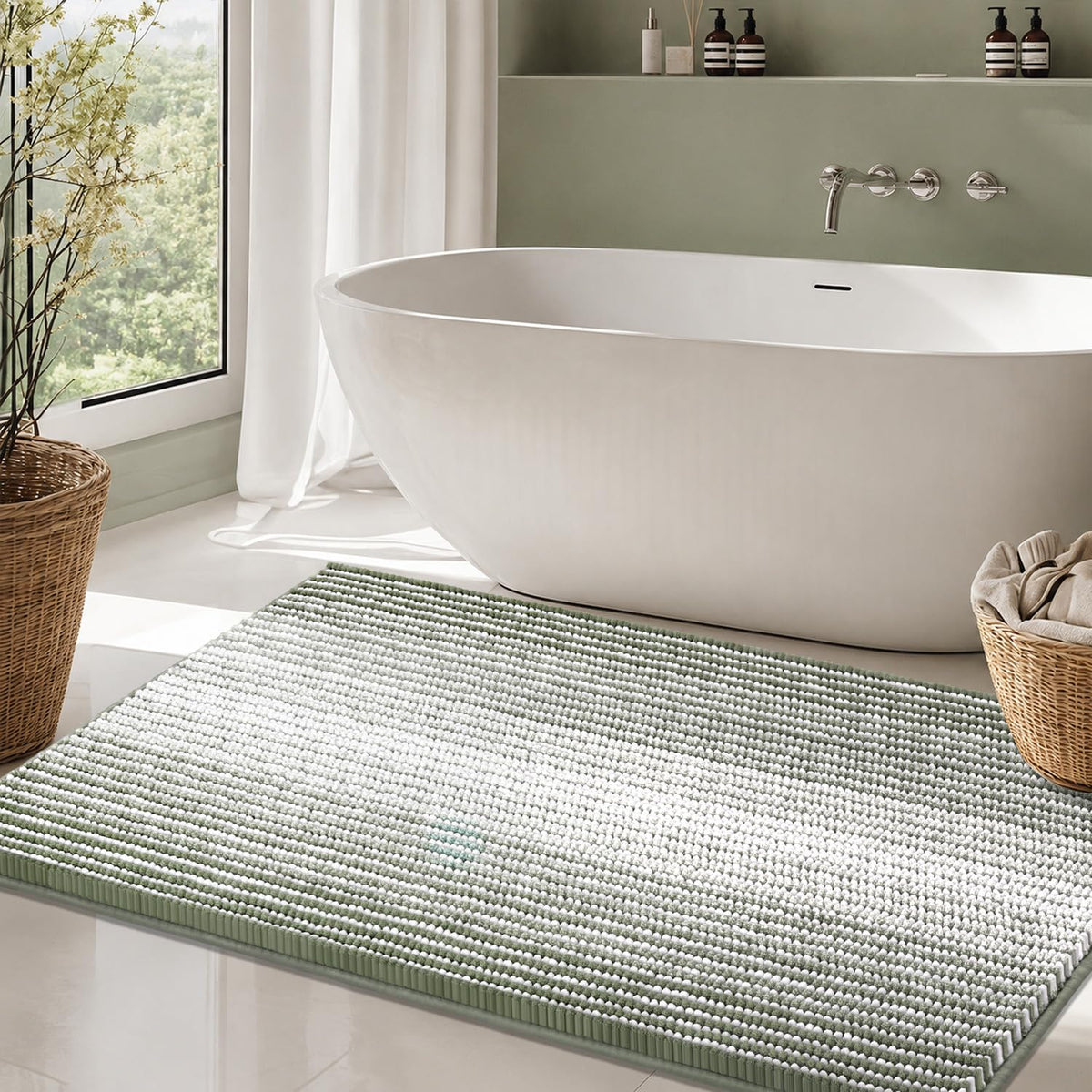BSICPRO Bathroom Rugs Sets 2 Piece, Non Slip Striped Bath Mats, Sage