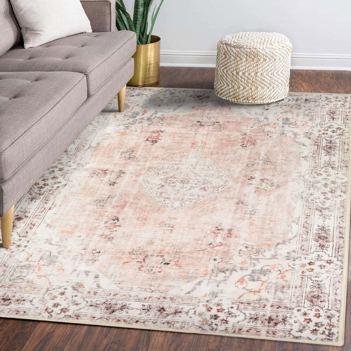 MUJOO Pink Rug 3x5 Washable,Boho Area Rugs Small Non Slip Low-Pile Floral