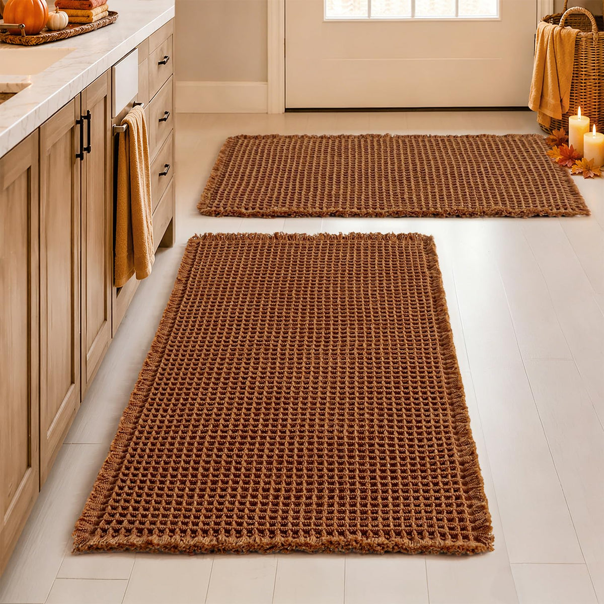 MIULEE Set of 2 Waffle Bathroom Rugs Boho Bath Mat Brown 18x30 Inch